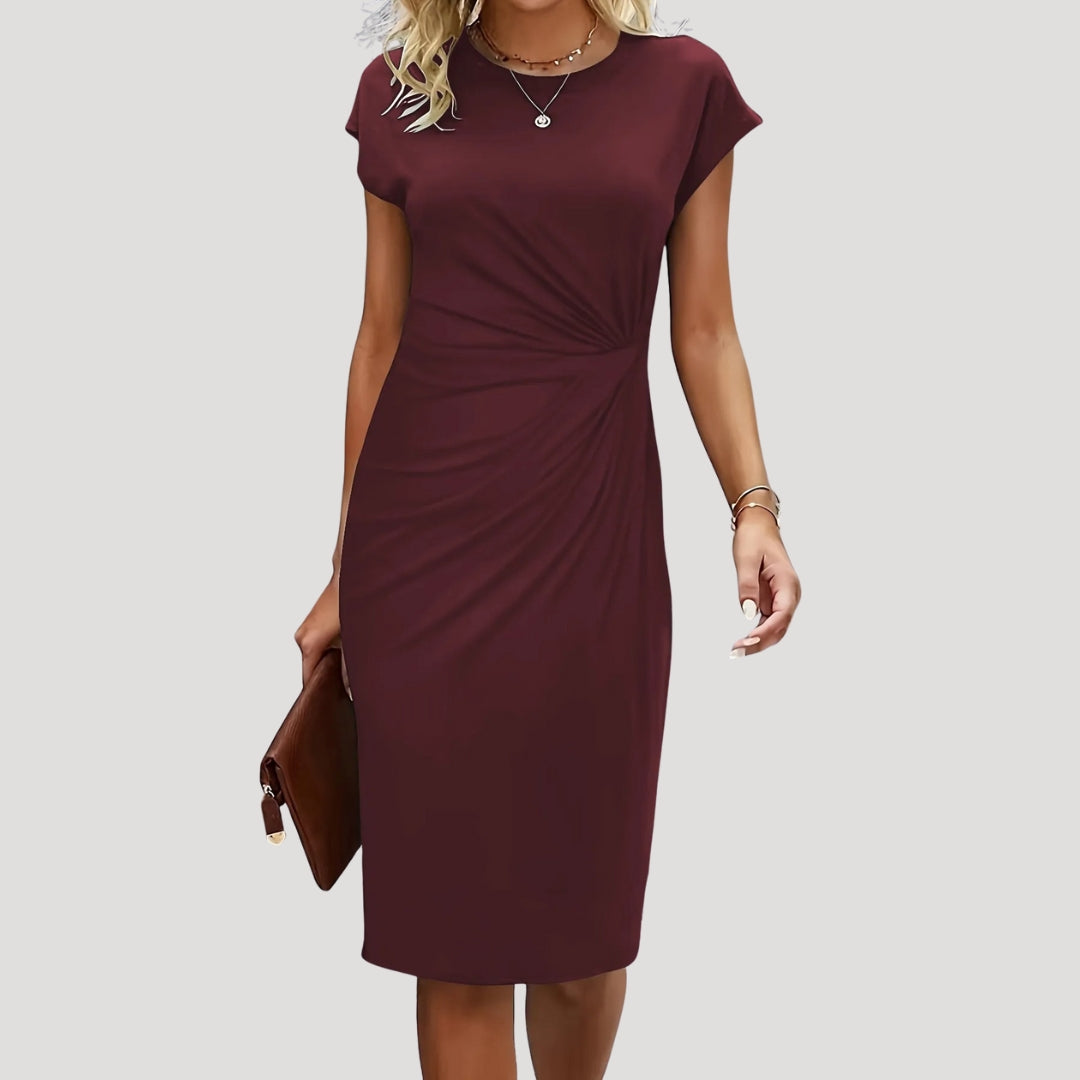 Dames Midi Jurk met Korte Mouw, Ronde Hals en Gedrapeerde Taille