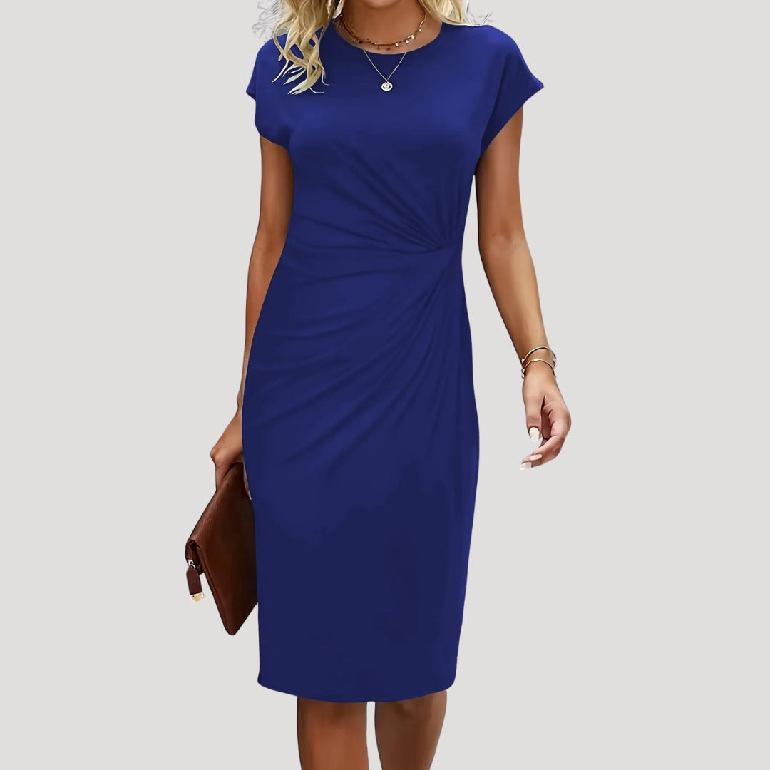 Dames Midi Jurk met Korte Mouw, Ronde Hals en Gedrapeerde Taille