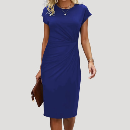 Dames Midi Jurk met Korte Mouw, Ronde Hals en Gedrapeerde Taille