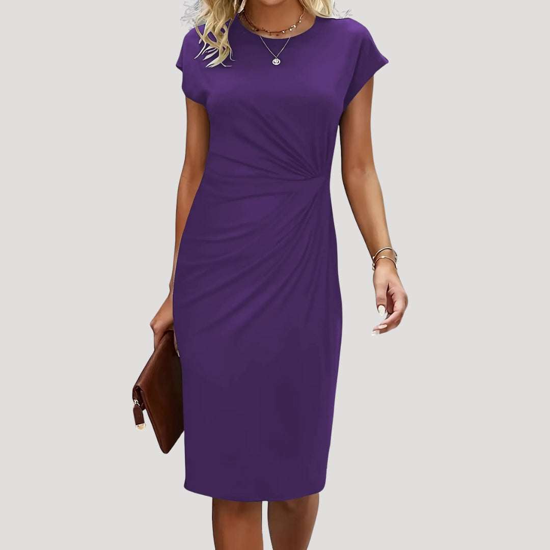 Dames Midi Jurk met Korte Mouw, Ronde Hals en Gedrapeerde Taille