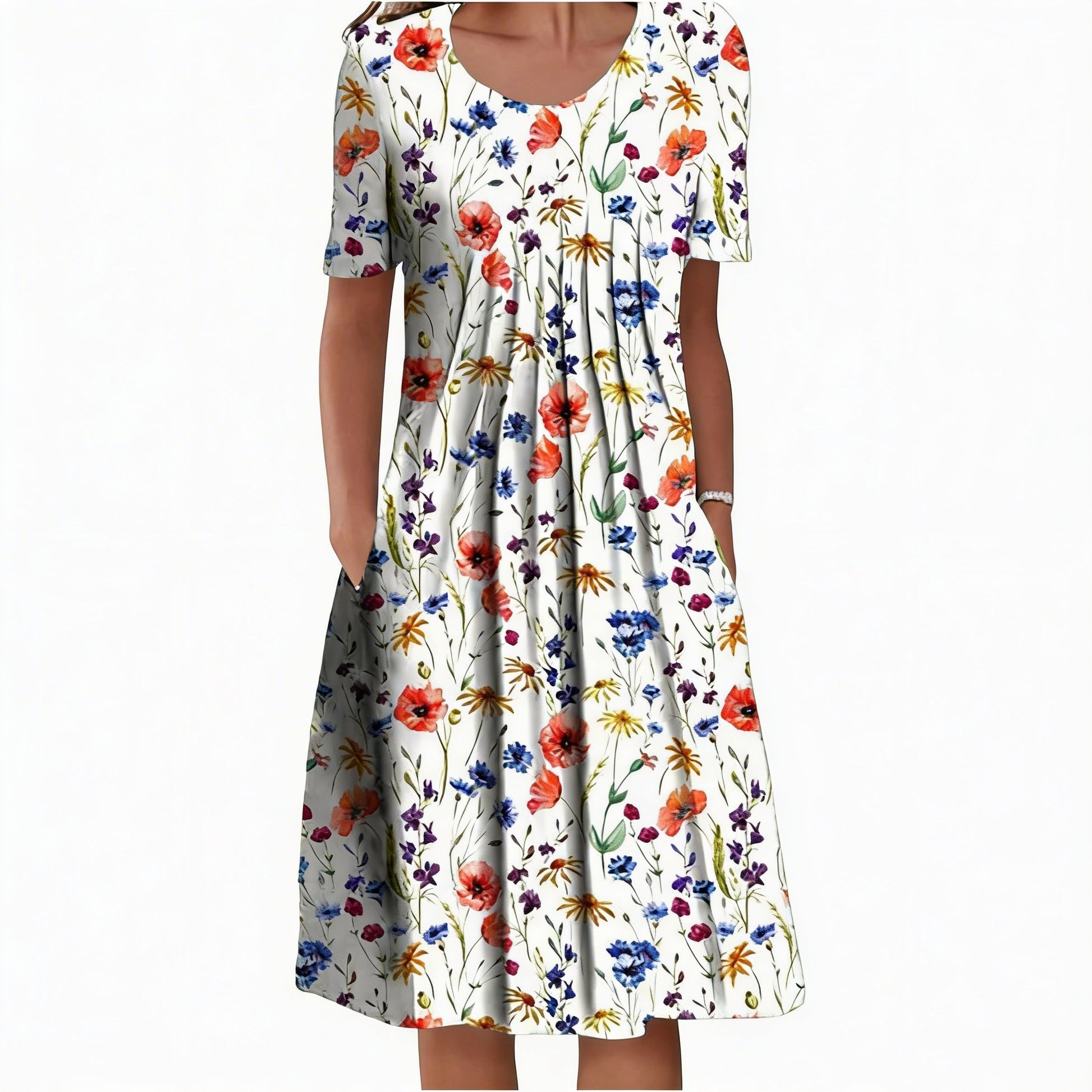 Dames Midi Jurk met Korte Mouwen en Ronde Hals met Print