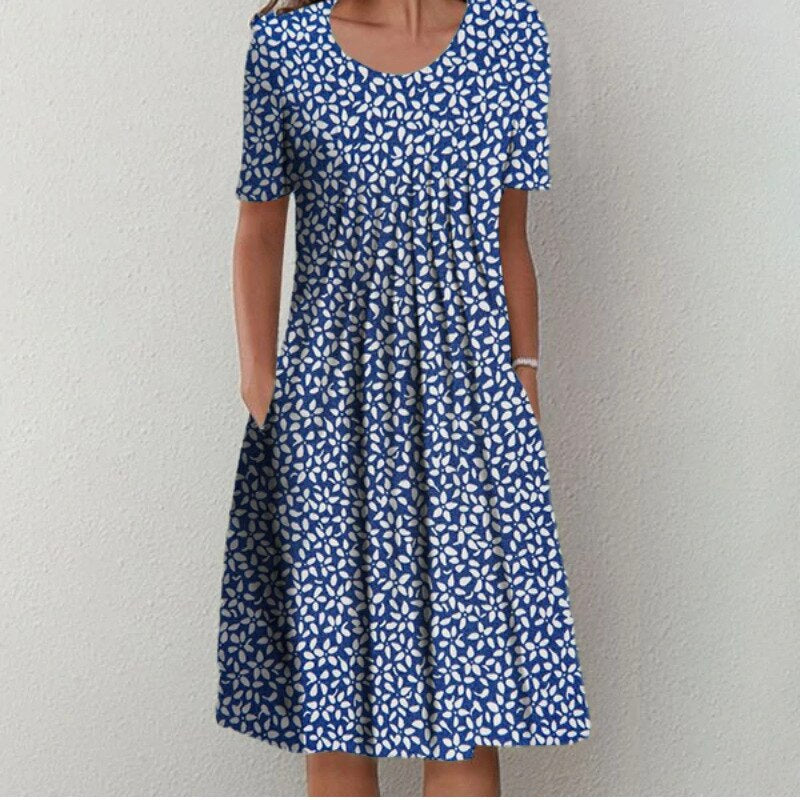 Dames Midi Jurk met Korte Mouwen en Ronde Hals met Print Blauw Bloemenprint