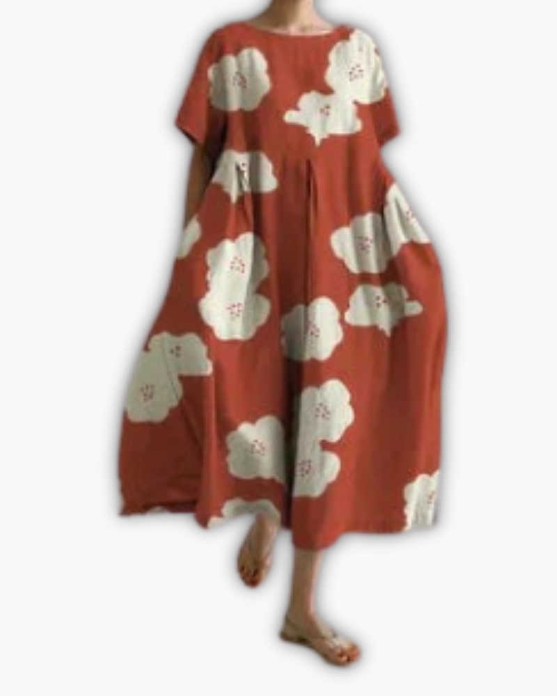 Dames Midi-jurk met Korte Mouwen en Ronde Hals Oversized Terracotta Wolkenprint