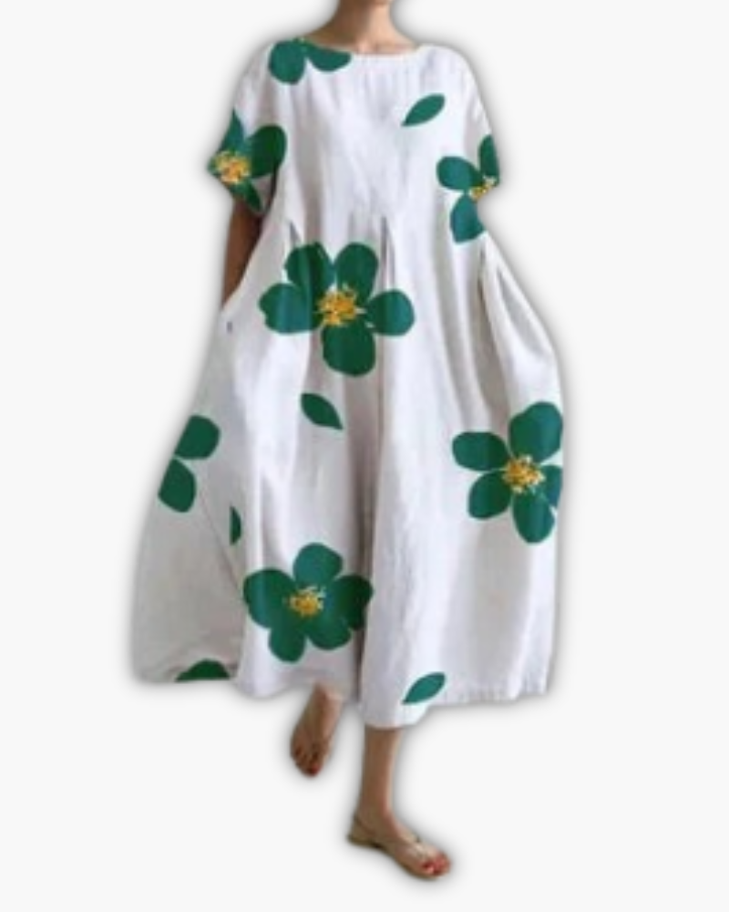 Dames Midi-jurk met Korte Mouwen en Ronde Hals Oversized Groene Bloemenprint