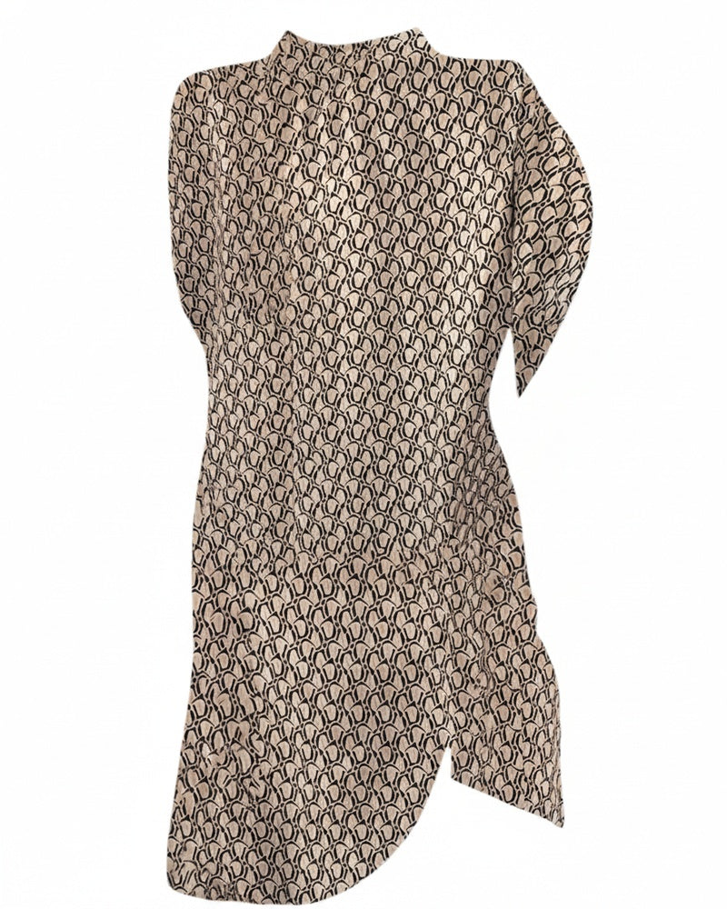 Dames Midi Jurk met Korte Mouwen, Staande Kraag en Print