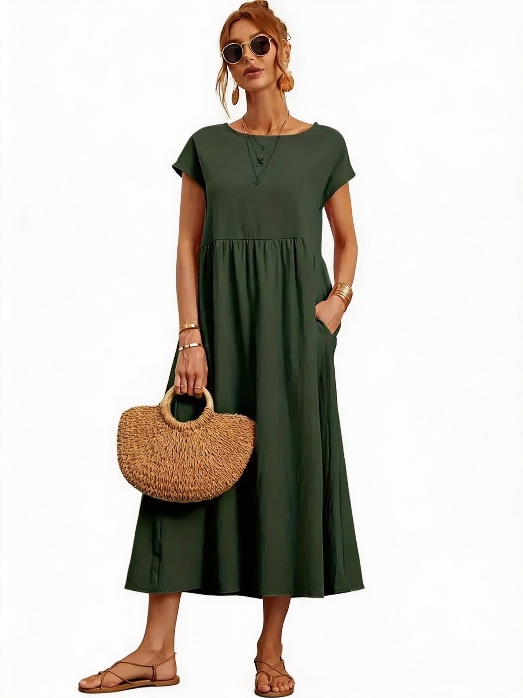 Dames Midi Jurk met Korte Mouwen, Zakken en Geplooide Rok