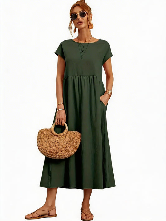 Dames Midi Jurk met Korte Mouwen, Zakken en Geplooide Rok