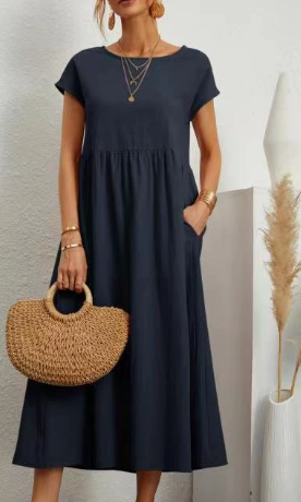 Dames Midi Jurk met Korte Mouwen, Zakken en Geplooide Rok Marineblauw