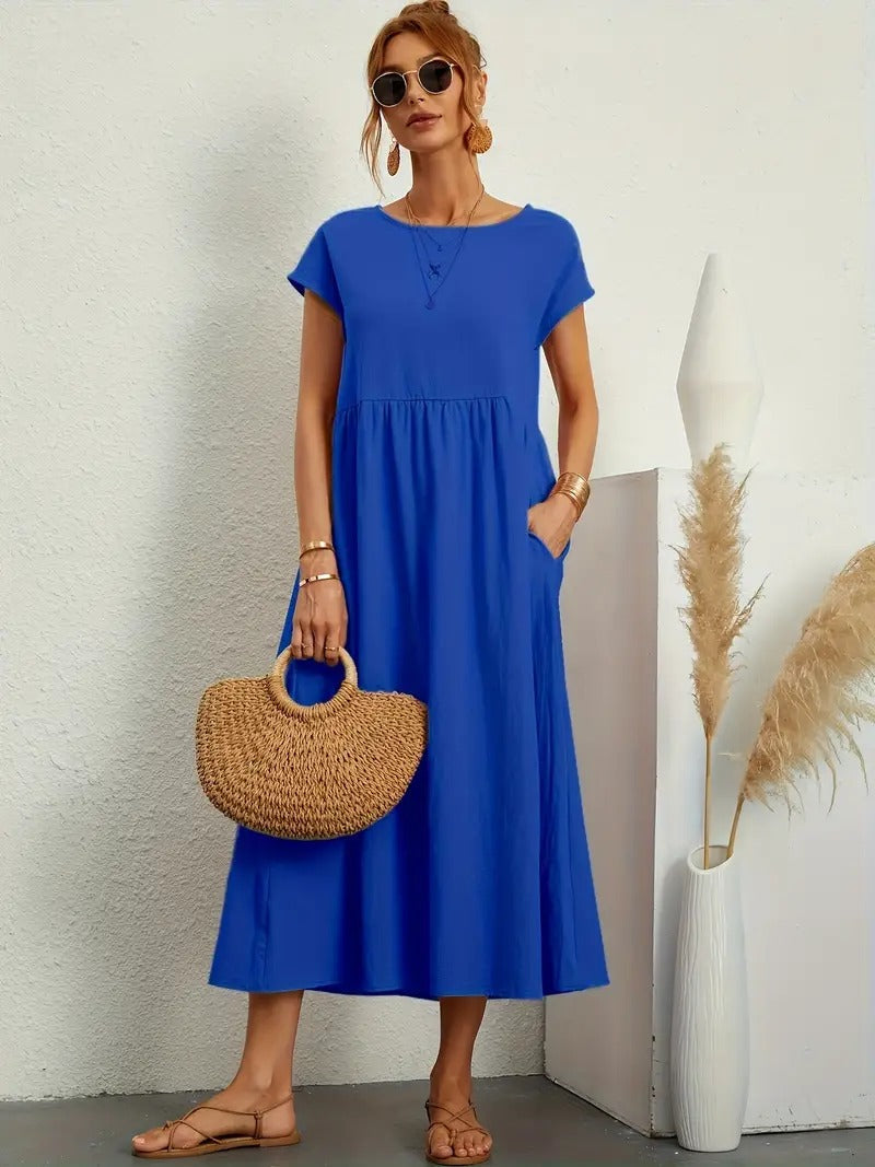 Dames Midi Jurk met Korte Mouwen, Zakken en Geplooide Rok Blauw