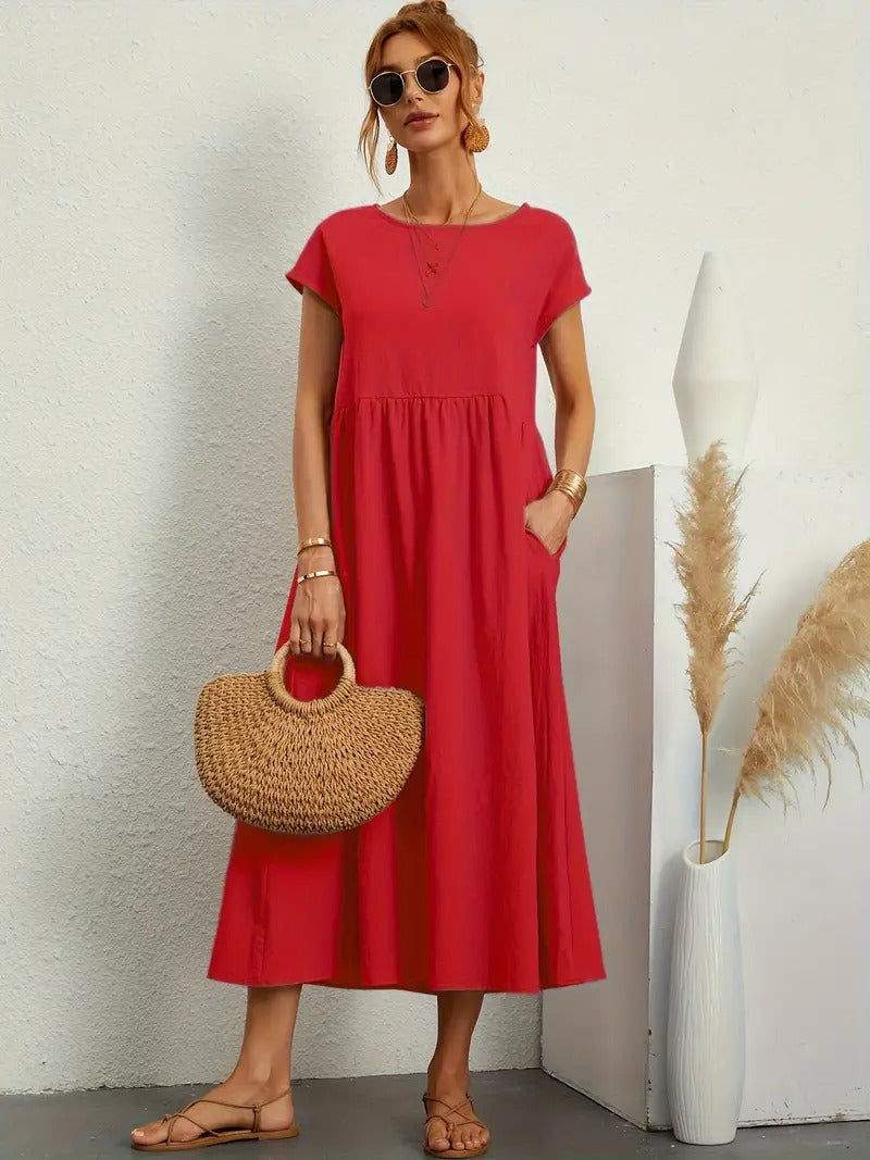 Dames Midi Jurk met Korte Mouwen, Zakken en Geplooide Rok Rood