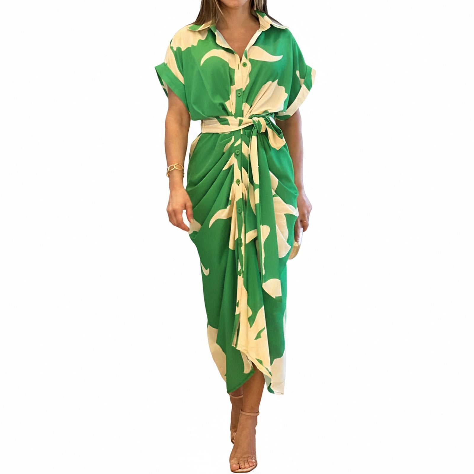 Dames Midi Jurk met Kraag, Knoopsluiting en Strikceintuur