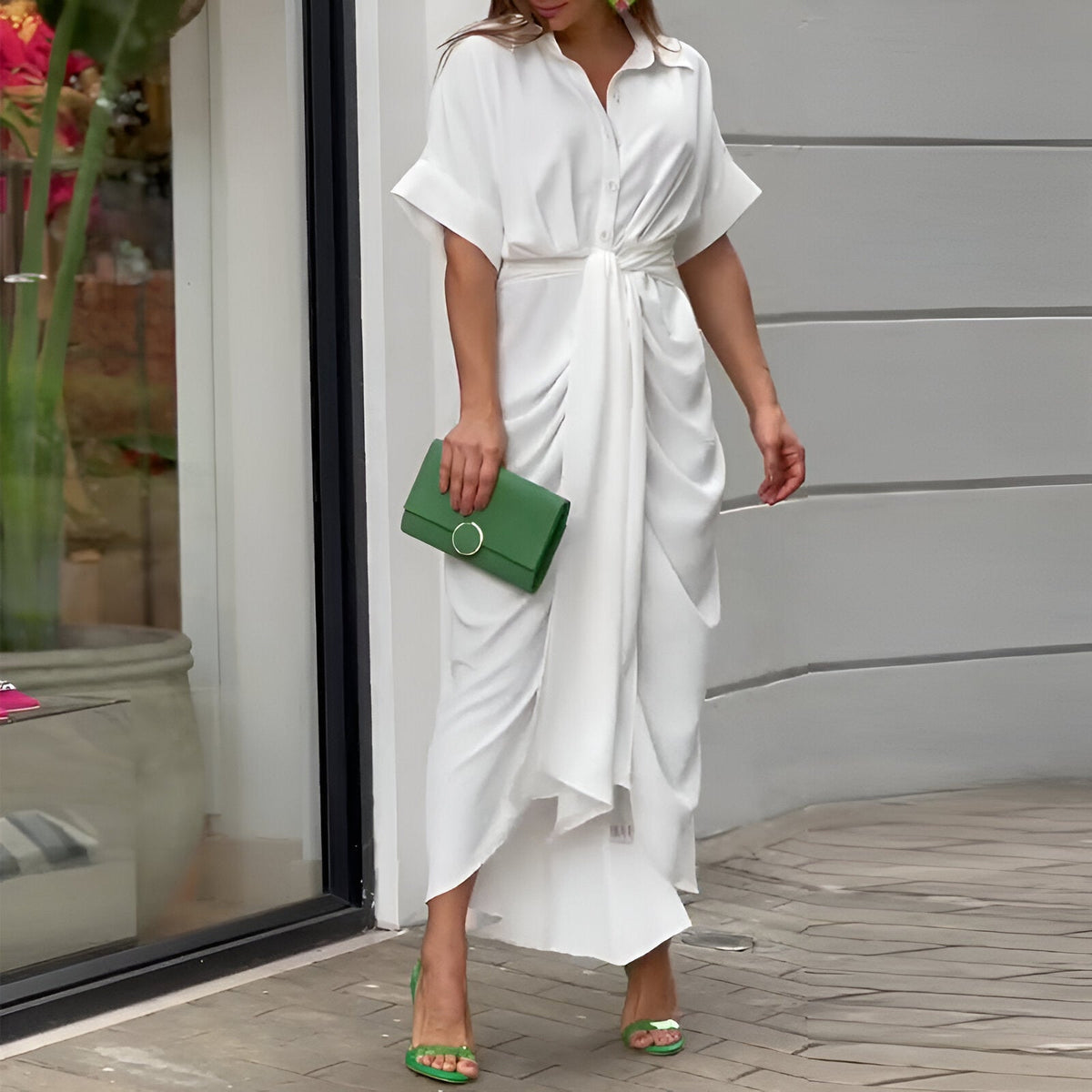 Dames Midi Jurk met Kraag, Knoopsluiting en Strikceintuur