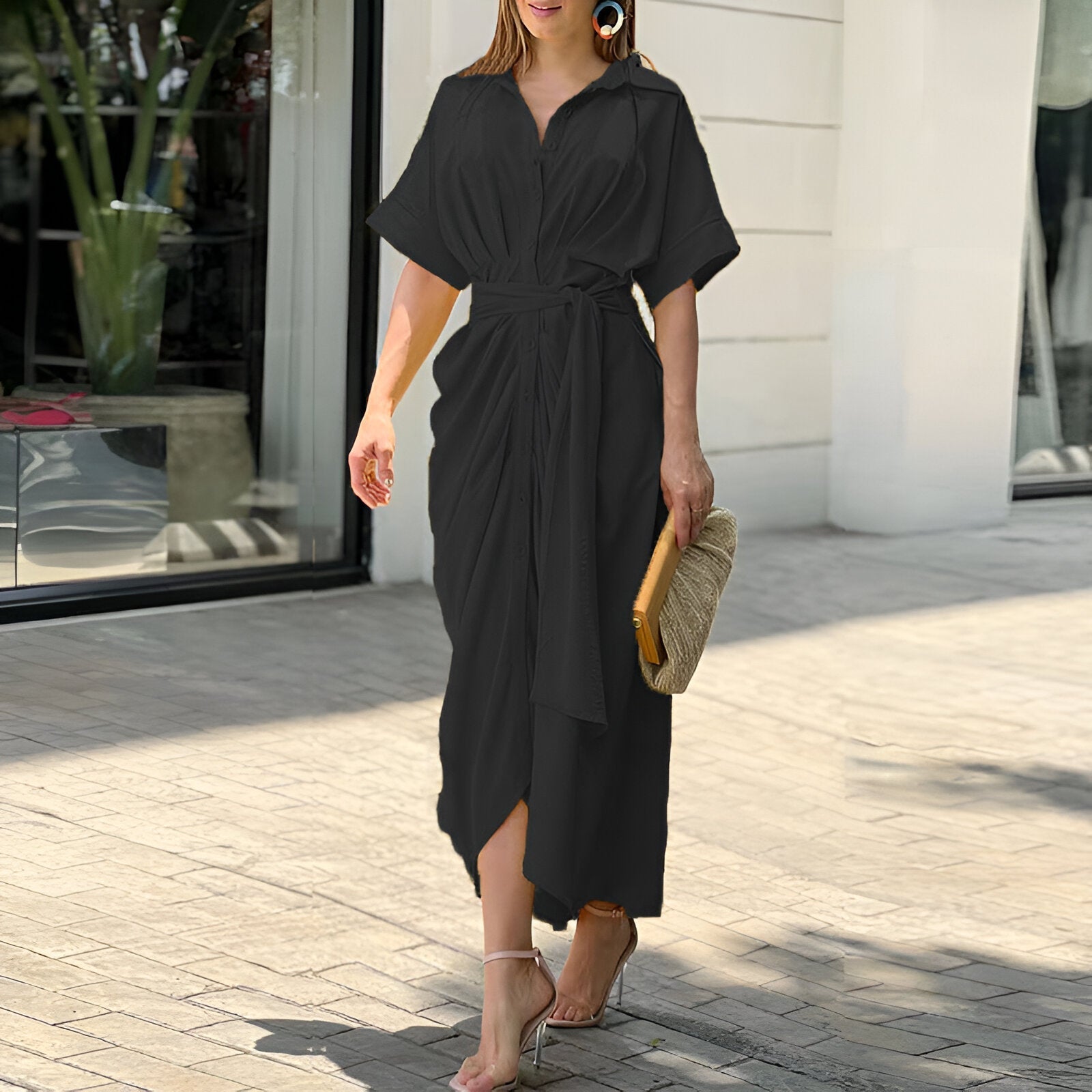 Dames Midi Jurk met Kraag, Knoopsluiting en Strikceintuur