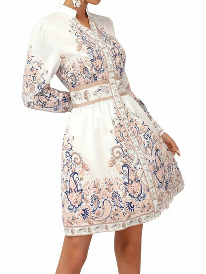 Dames Midi Jurk met Lange Mouwen, V-hals en Paisley Print