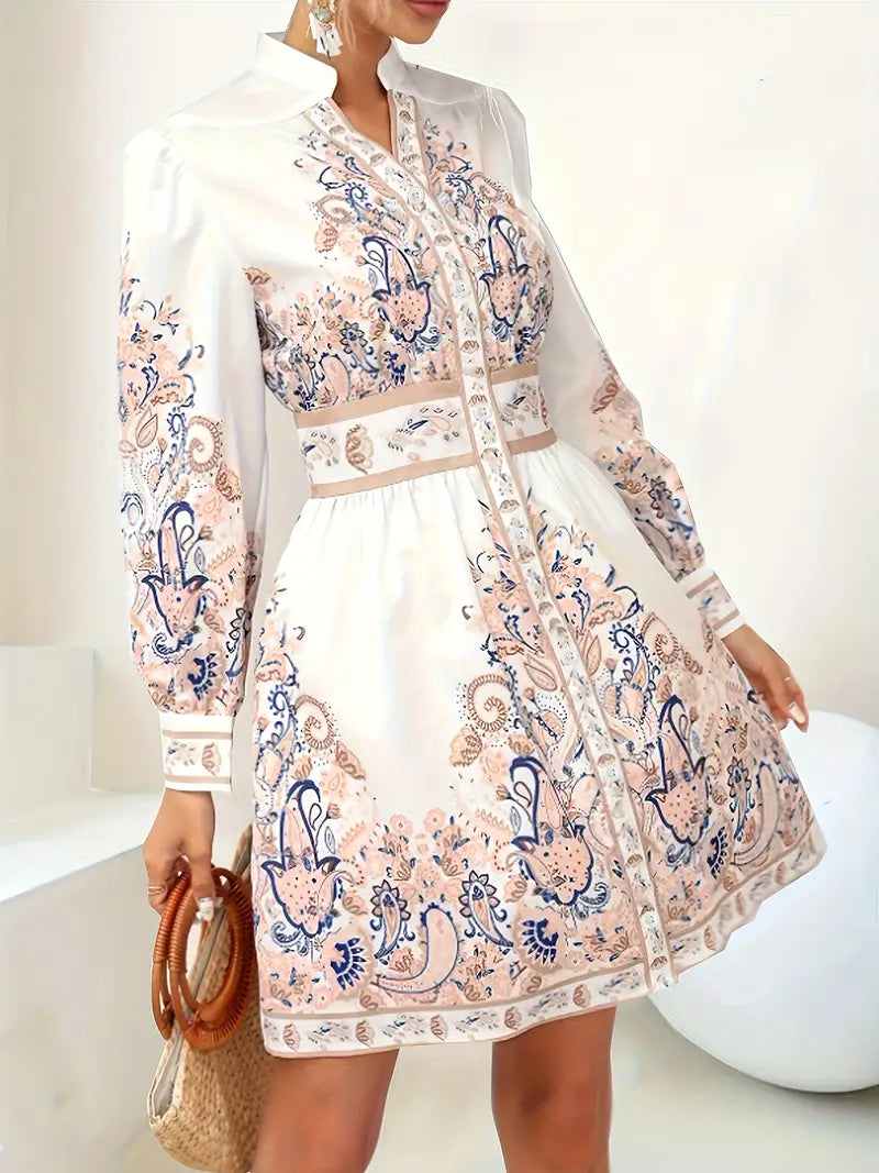 Dames Midi Jurk met Lange Mouwen, V-hals en Paisley Print