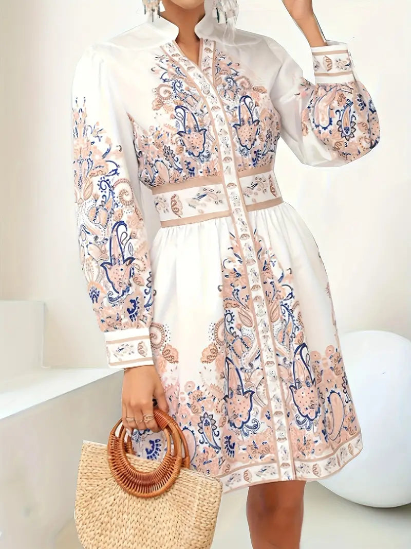 Dames Midi Jurk met Lange Mouwen, V-hals en Paisley Print