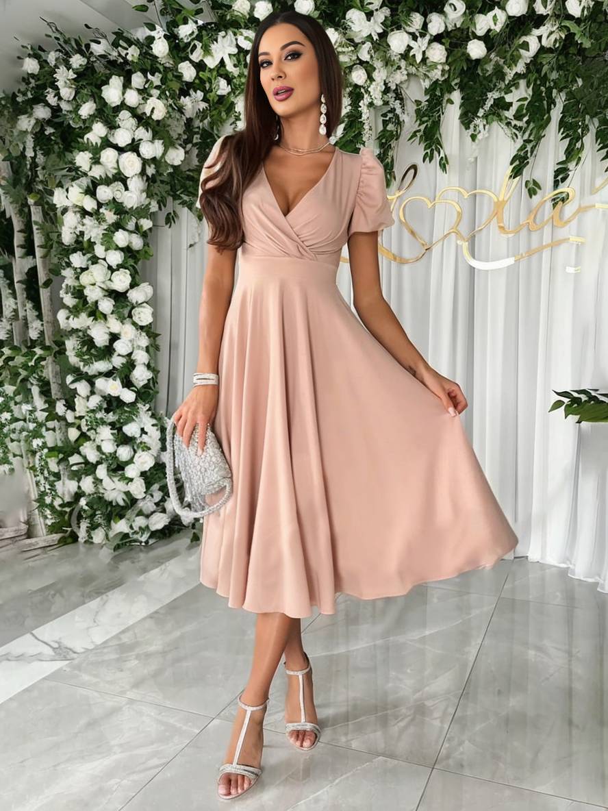 Dames Midi Jurk met Pofmouwen en Wijd Uitlopende Rok Roze