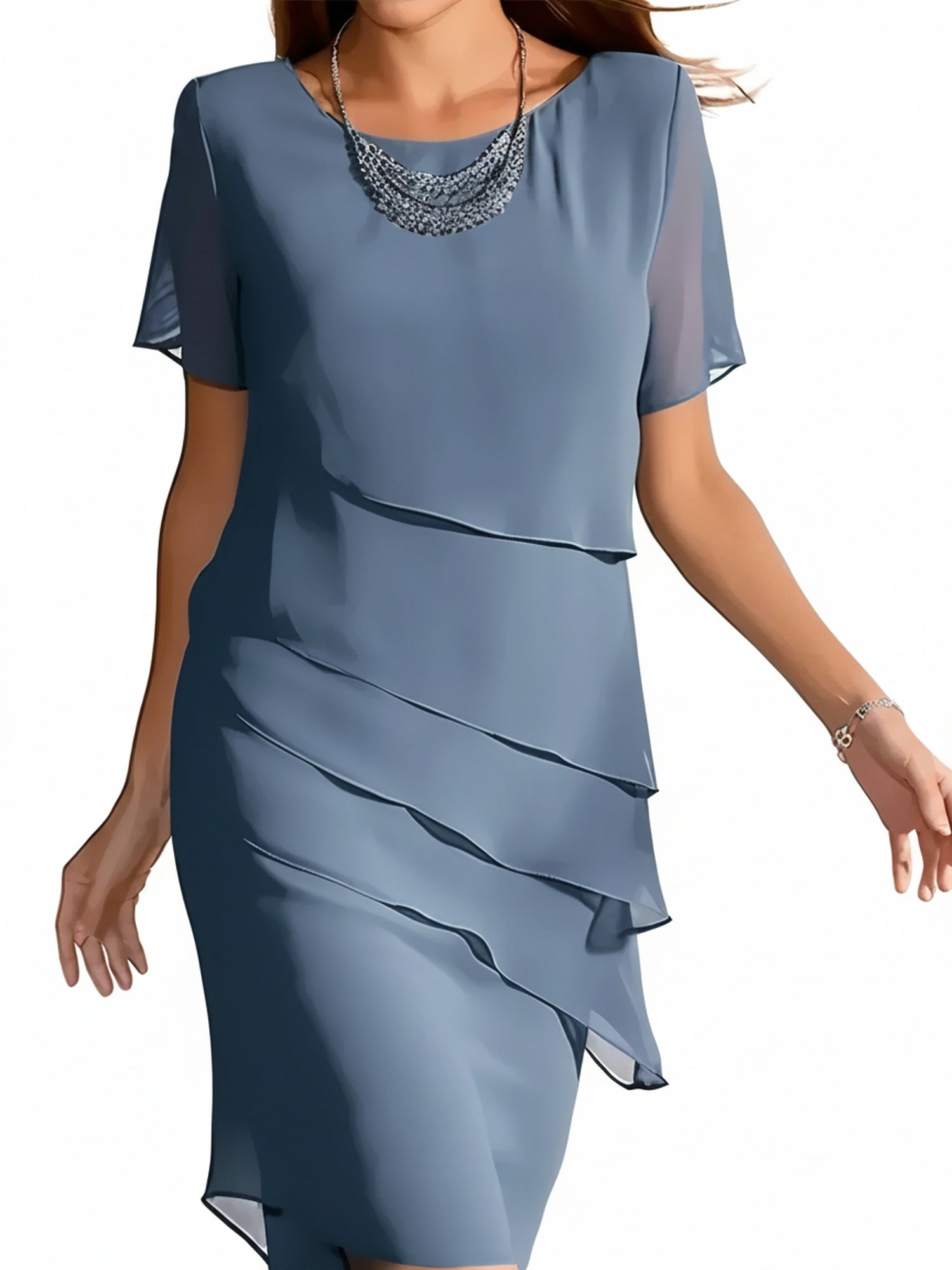 Dames Midi Jurk met Ronde Hals, Korte Mouw en Gelaagde Details