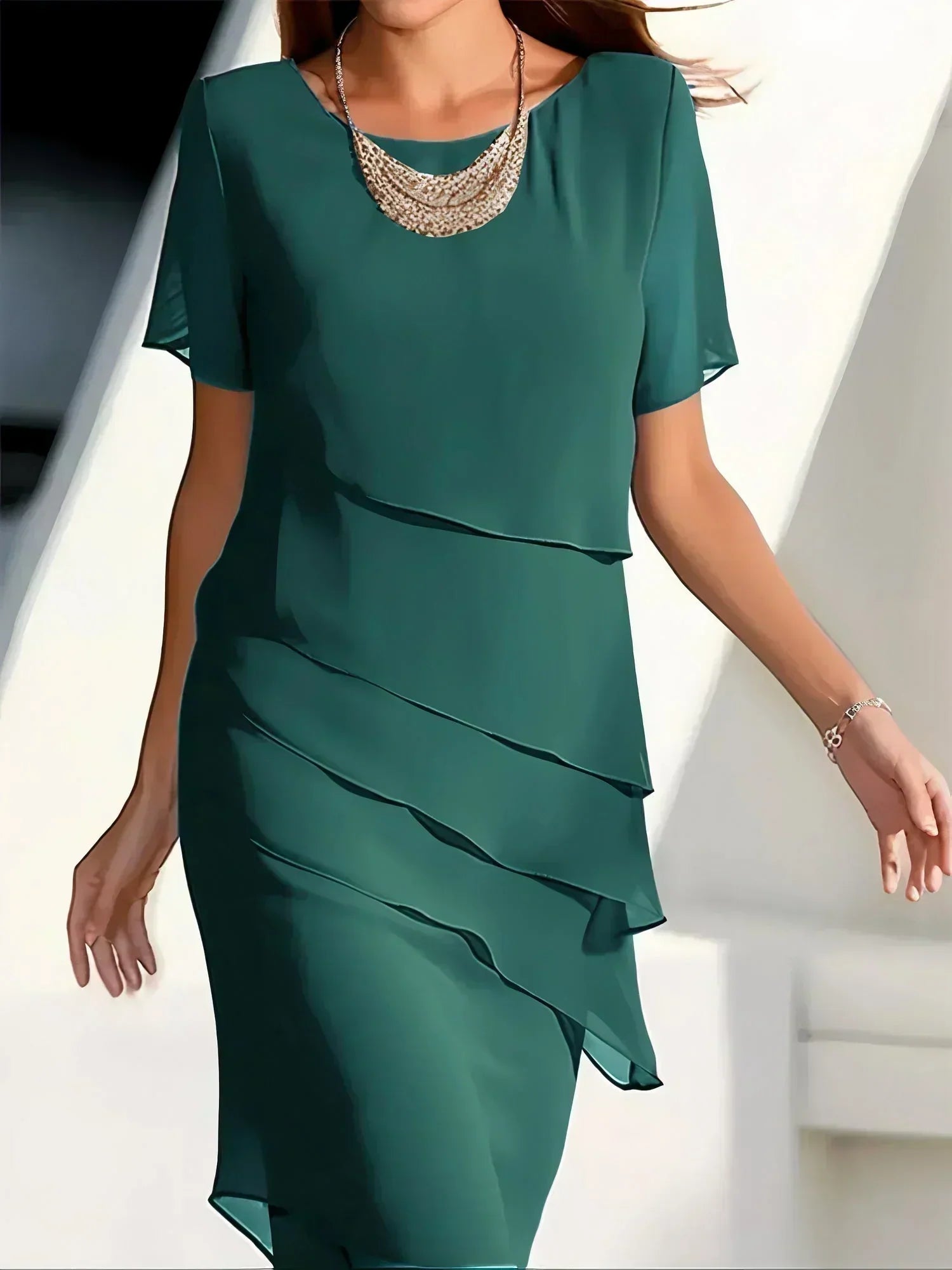 Dames Midi Jurk met Ronde Hals, Korte Mouw en Gelaagde Details Groen