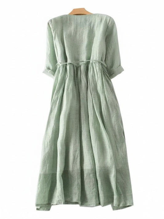 Dames Midi Jurk met Ruchedetail, Ronde Hals en Strikceintuur