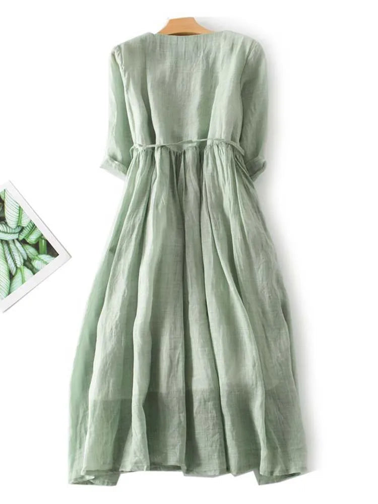 Dames Midi Jurk met Ruchedetail, Ronde Hals en Strikceintuur