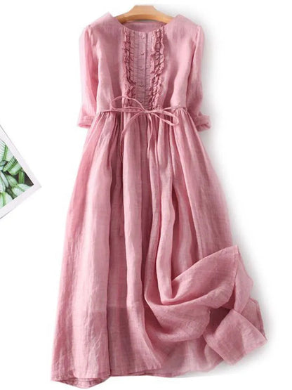 Dames Midi Jurk met Ruchedetail, Ronde Hals en Strikceintuur