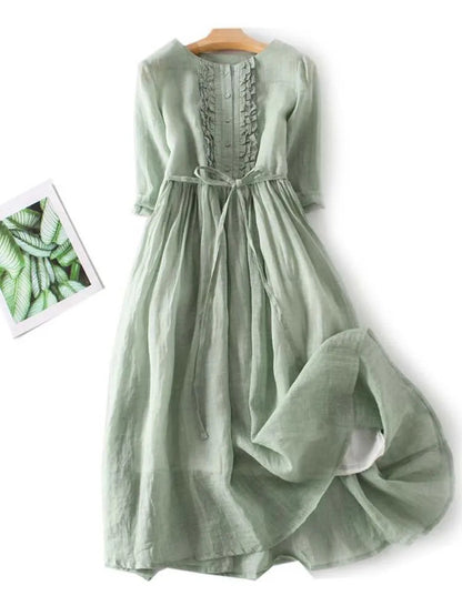 Dames Midi Jurk met Ruchedetail, Ronde Hals en Strikceintuur