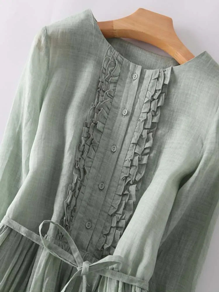 Dames Midi Jurk met Ruchedetail, Ronde Hals en Strikceintuur