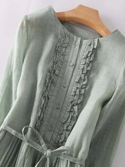 Dames Midi Jurk met Ruchedetail, Ronde Hals en Strikceintuur