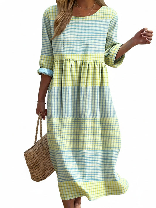Dames Midi Jurk met Ruitprint, Ronde Hals en Driekwart Mouwen