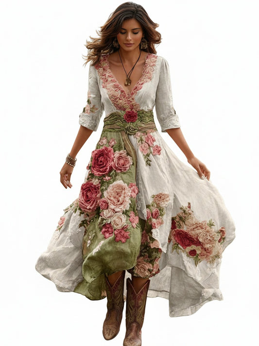 Dames Midi Jurk met V-hals Bloemenprint en Asymmetrische Zoom