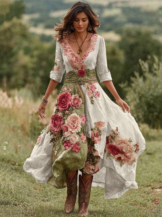 Dames Midi Jurk met V-hals Bloemenprint en Asymmetrische Zoom