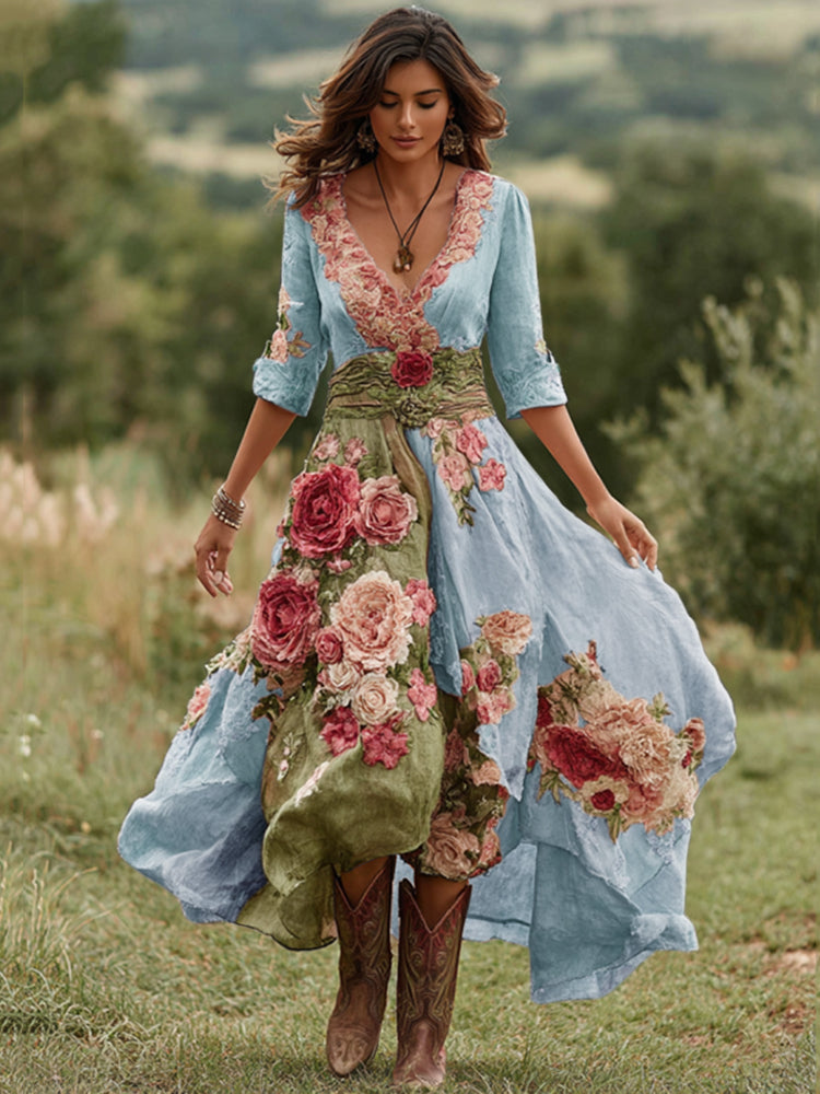 Dames Midi Jurk met V-hals Bloemenprint en Asymmetrische Zoom