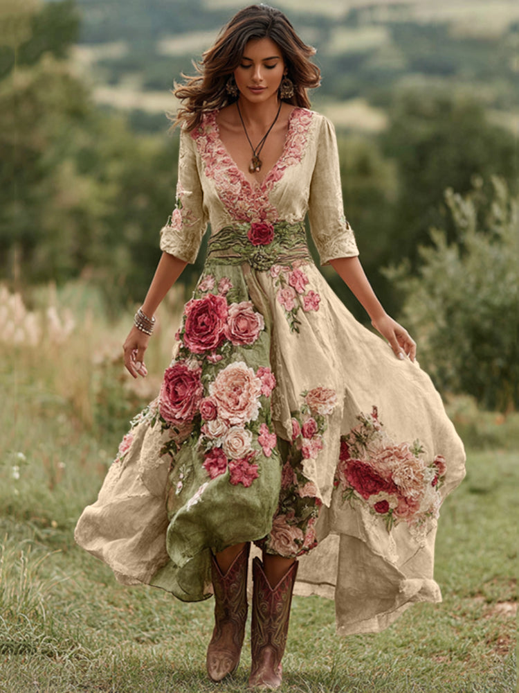 Dames Midi Jurk met V-hals Bloemenprint en Asymmetrische Zoom