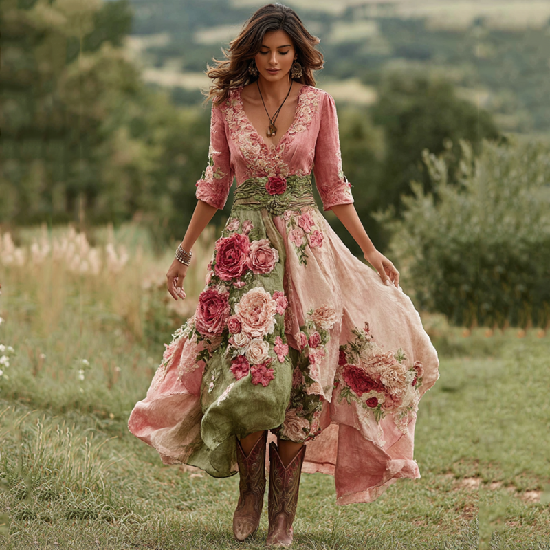 Dames Midi Jurk met V-hals Bloemenprint en Asymmetrische Zoom