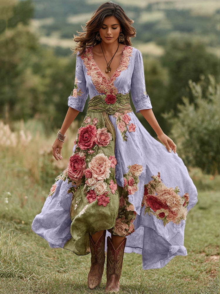 Dames Midi Jurk met V-hals Bloemenprint en Asymmetrische Zoom