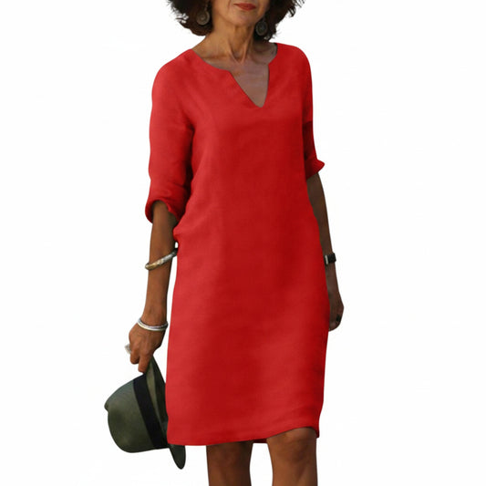 Dames Midi Jurk met V-hals en 3/4 Mouw Rechte Pasvorm