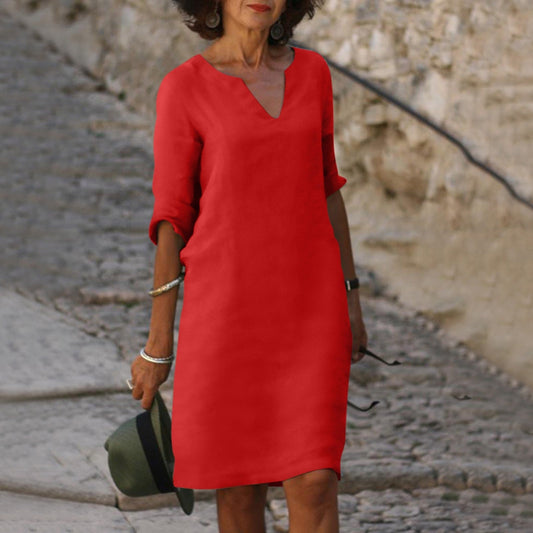 Dames Midi Jurk met V-hals en 3/4 Mouw Rechte Pasvorm Rood