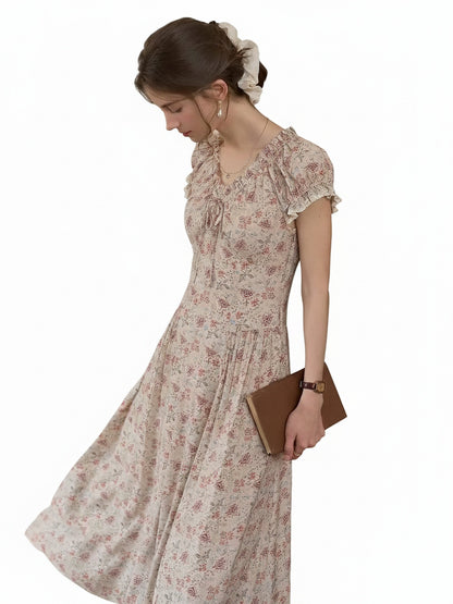 Dames Midi Jurk met V-hals en Bloemenprint Korte Mouw
