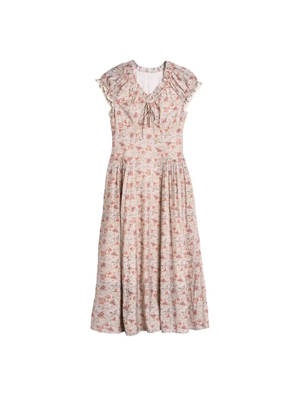 Dames Midi Jurk met V-hals en Bloemenprint Korte Mouw