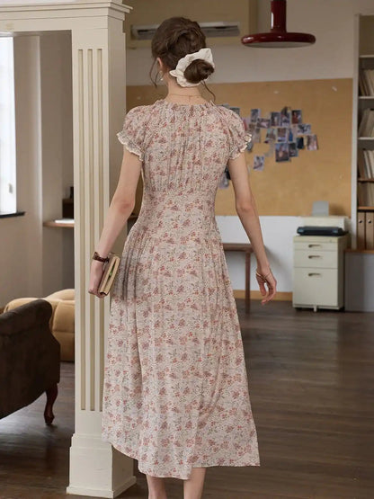 Dames Midi Jurk met V-hals en Bloemenprint Korte Mouw