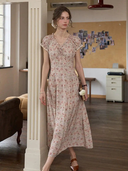 Dames Midi Jurk met V-hals en Bloemenprint Korte Mouw