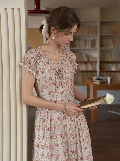 Dames Midi Jurk met V-hals en Bloemenprint Korte Mouw