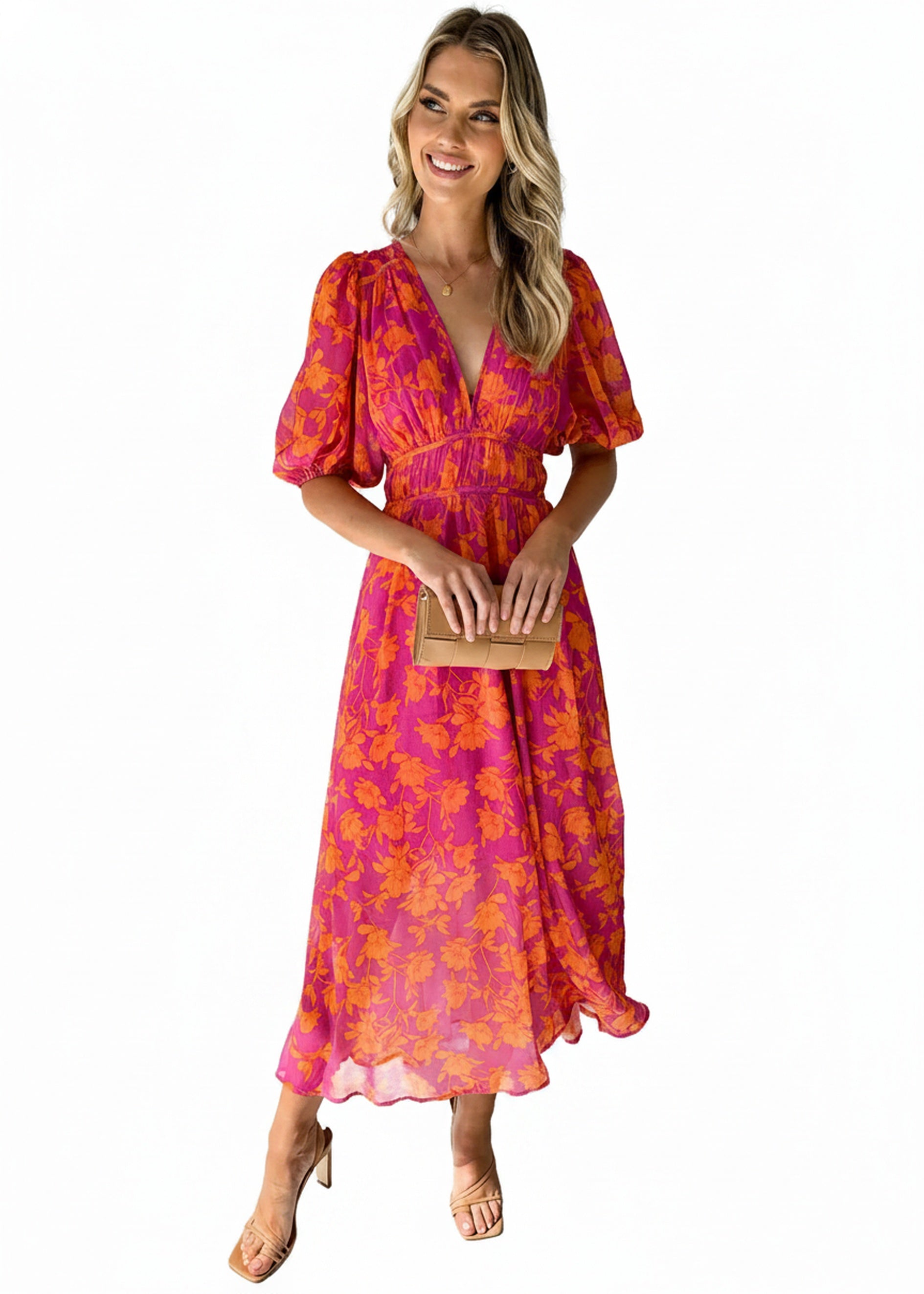 Dames Midi Jurk met V-hals en Bloemenprint Korte Pofmouwen