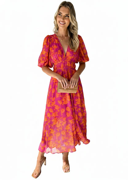 Dames Midi Jurk met V-hals en Bloemenprint Korte Pofmouwen