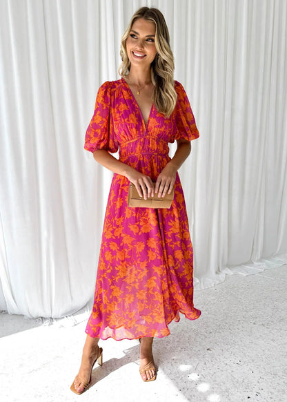 Dames Midi Jurk met V-hals en Bloemenprint Korte Pofmouwen