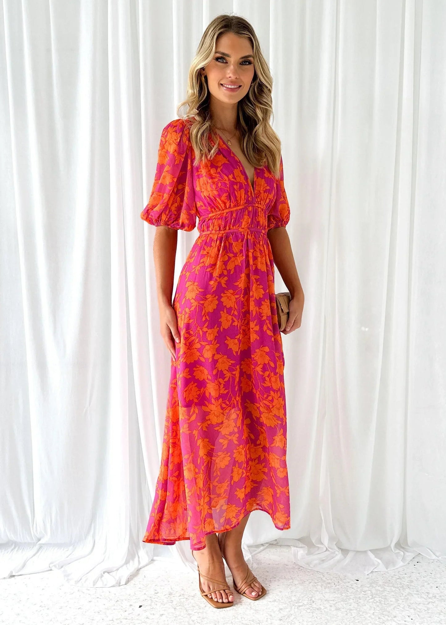 Dames Midi Jurk met V-hals en Bloemenprint Korte Pofmouwen