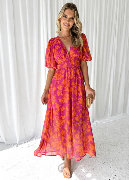 Dames Midi Jurk met V-hals en Bloemenprint Korte Pofmouwen Roze Oranje