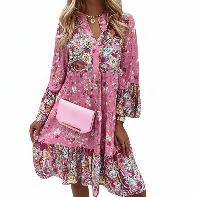 Dames Midi Jurk met V-hals en Bloemenprint Lange Mouw Boho