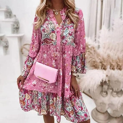 Dames Midi Jurk met V-hals en Bloemenprint Lange Mouw Boho Roze